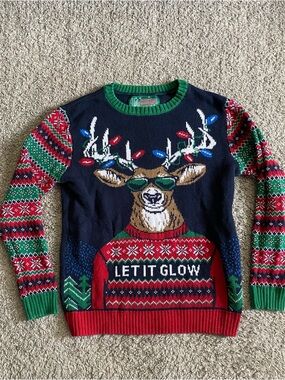 Ugly Christmas Sweater Navy, Red & Green 'Let It Glow' Reindeer Crewneck
